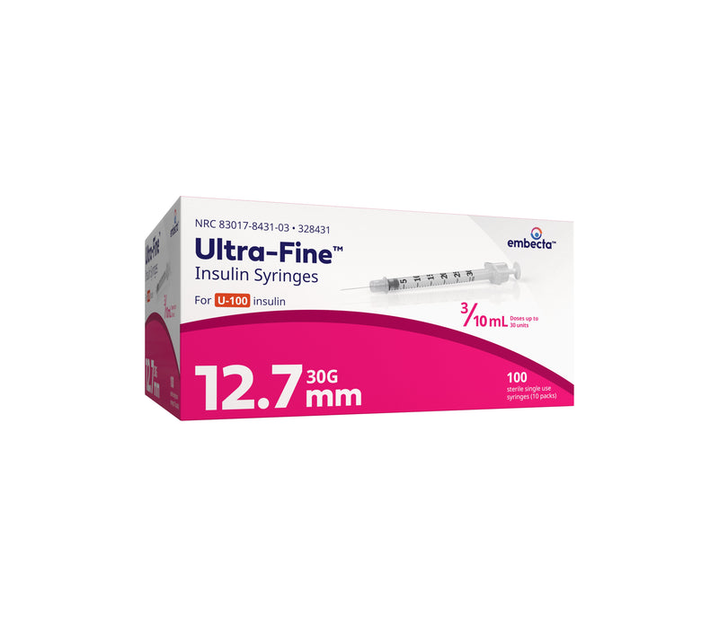 BD Ultra-Fine U-100 Insulin Syringe with Needle, 30G x 12-7/10mm 3/10cc Volume