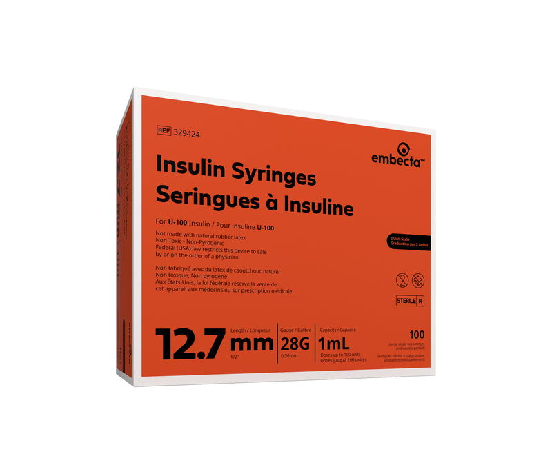 BD Micro-Fine U-100 Insulin Syringe, 28G x 1/2", 1mL