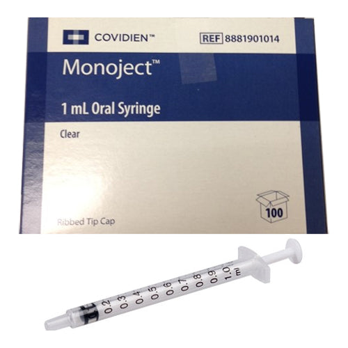 Monoject Clear Oral Medication Syringe 1mL with Separate Ribbed Tip Caps, Polypropylene Barrel and Plunger Rod